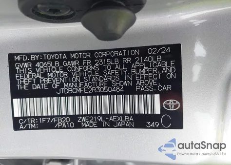 2024 Toyota Corolla Hybrid Le z USA, uszkodzony, nr VIN JTDBCMFE2R3050484